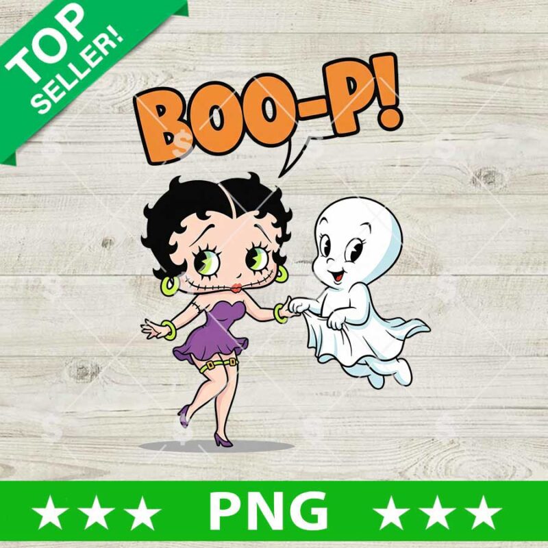Betty Boop Halloween PNG with ghost companion, BOO-P! orange lettering and spooky cartoon characters