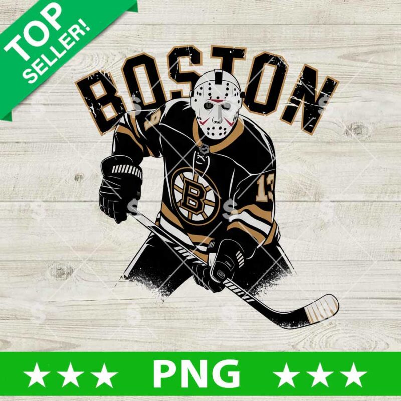 Boston Bruins Jason Voorhees PNG featuring a hockey-masked horror character in a black and gold Boston hockey uniform