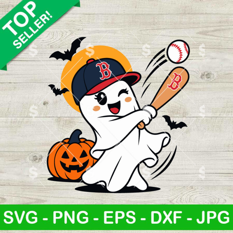 Boston Red Sox Halloween SVG with ghost baseball player, bat, pumpkin and baseball