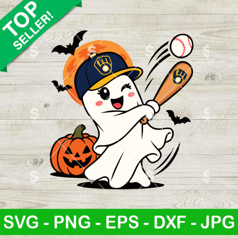 Milwaukee Brewers Halloween SVG baseball ghost swinging bat with pumpkin