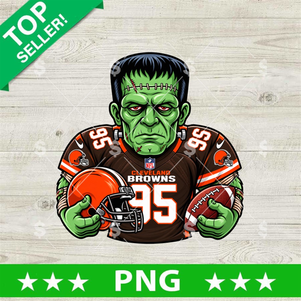 Cleveland Browns Frankenstein PNG football design with green Frankenstein wearing Browns jersey
