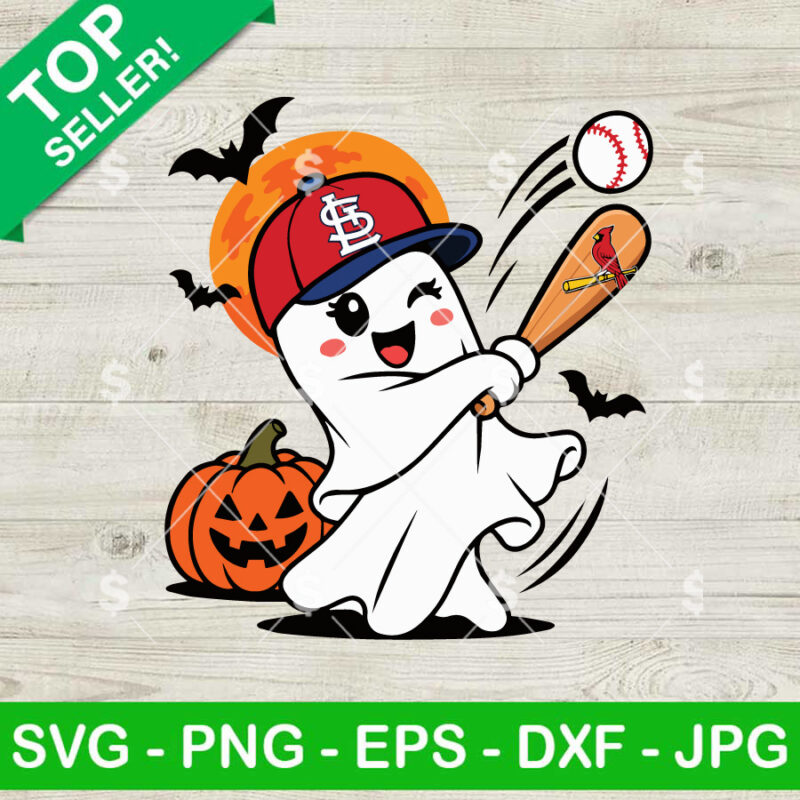 St. Louis Cardinals Halloween SVG baseball ghost swinging bat with pumpkin