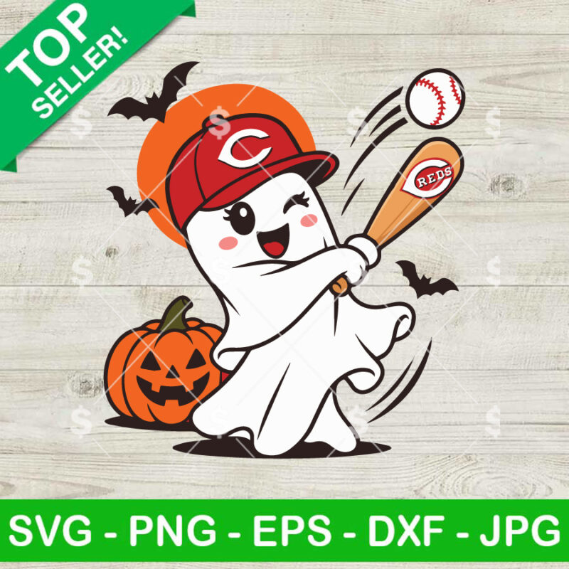 Cincinnati Reds Halloween SVG with spooky baseball ghost, pumpkin and bats