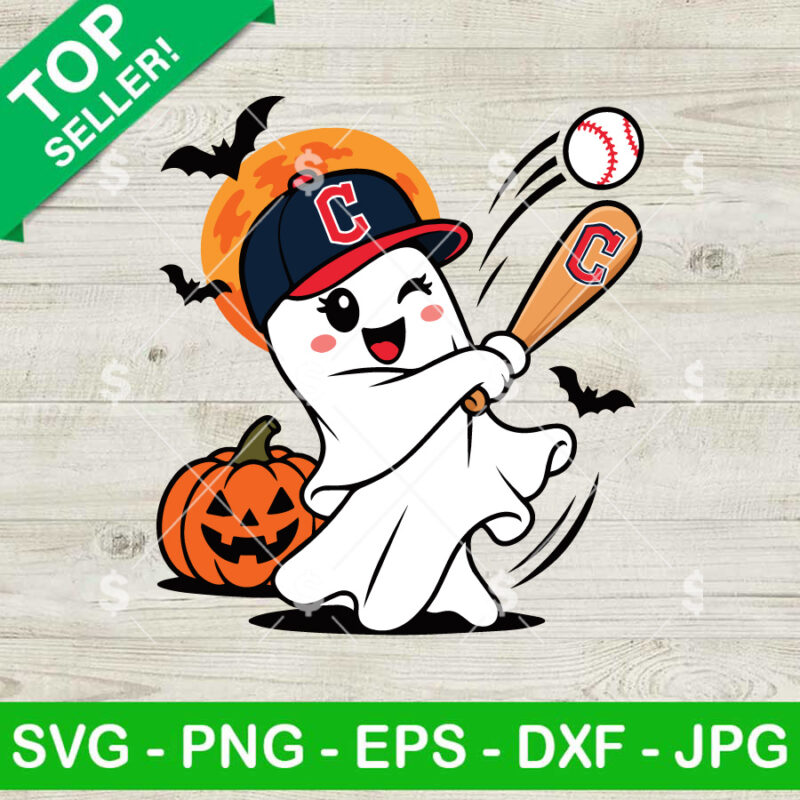 Cleveland Guardians Halloween SVG baseball ghost swinging bat with pumpkin