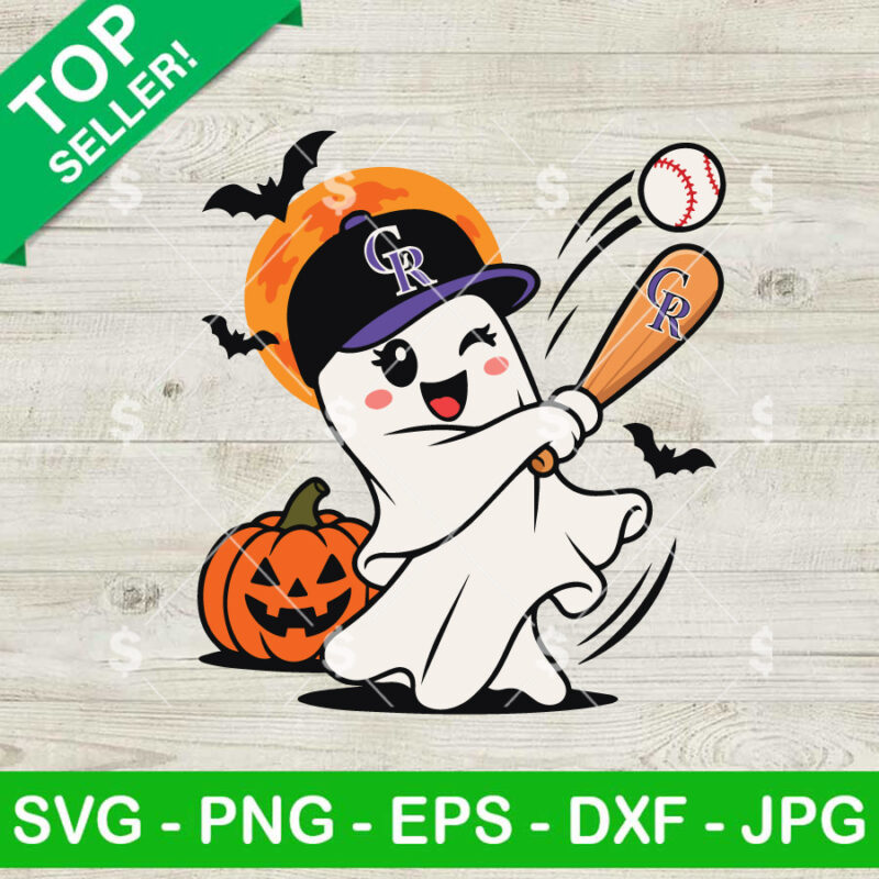 Colorado Rockies Halloween SVG baseball ghost swinging bat with pumpkin