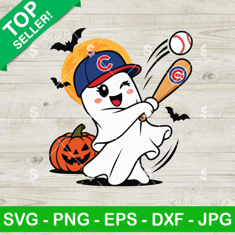 Chicago Cubs Halloween SVG with ghost baseball player, bat, pumpkin and baseball