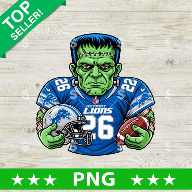 Detroit Lions Frankenstein PNG football design with green monster wearing jersey