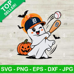 Detroit Tigers Halloween SVG baseball ghost swinging bat with pumpkin