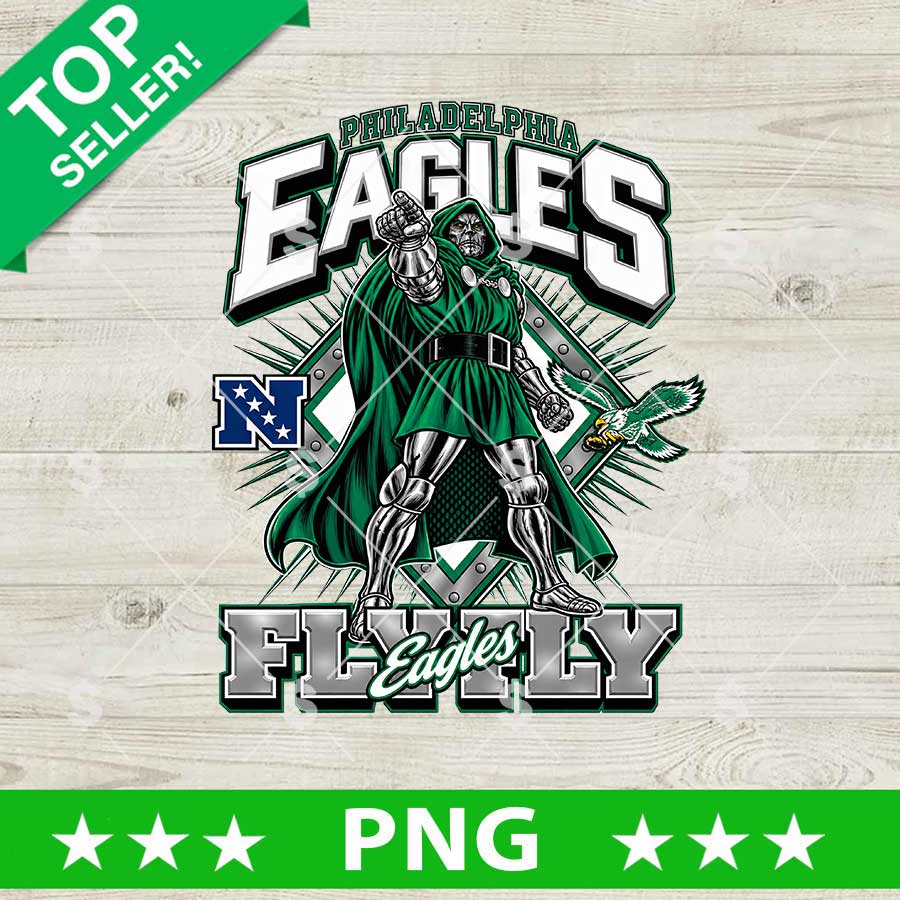 Philadelphia Eagles Doctor Doom PNG featuring the Marvel supervillain in a green hood and silver armor holding a football with Eagles lettering