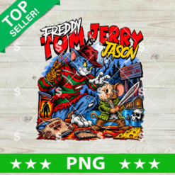 Freddy Tom Jason Jerry Horror Halloween PNG featuring a spooky Tom and Jerry mashup with colorful horror illustrations
