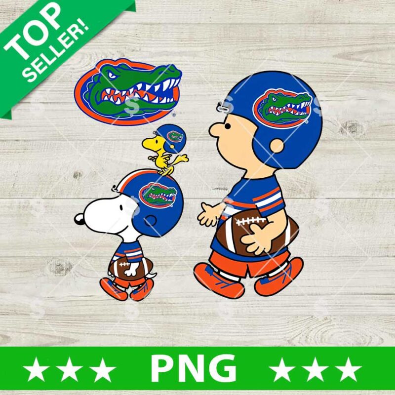 Snoopy Florida Gators PNG featuring two Snoopy football illustrations wearing blue and orange Gators uniforms and a football helmet