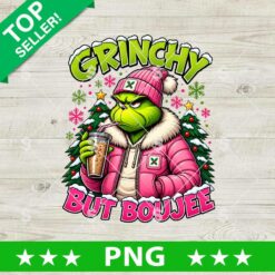 Grinchy But Boujee Christmas PNG with pink jacket and Christmas trees