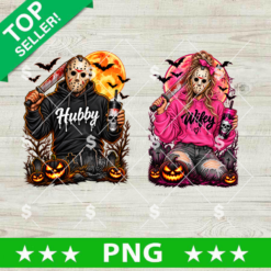Michael Myers Hubby Wifey PNG featuring a matching horror couple in black and pink hoodies with knives, skull tumblers, Halloween pumpkins, bats, and glowing moons.