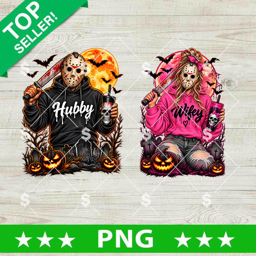 Michael Myers Hubby Wifey PNG featuring a matching horror couple in black and pink hoodies with knives, skull tumblers, Halloween pumpkins, bats, and glowing moons.