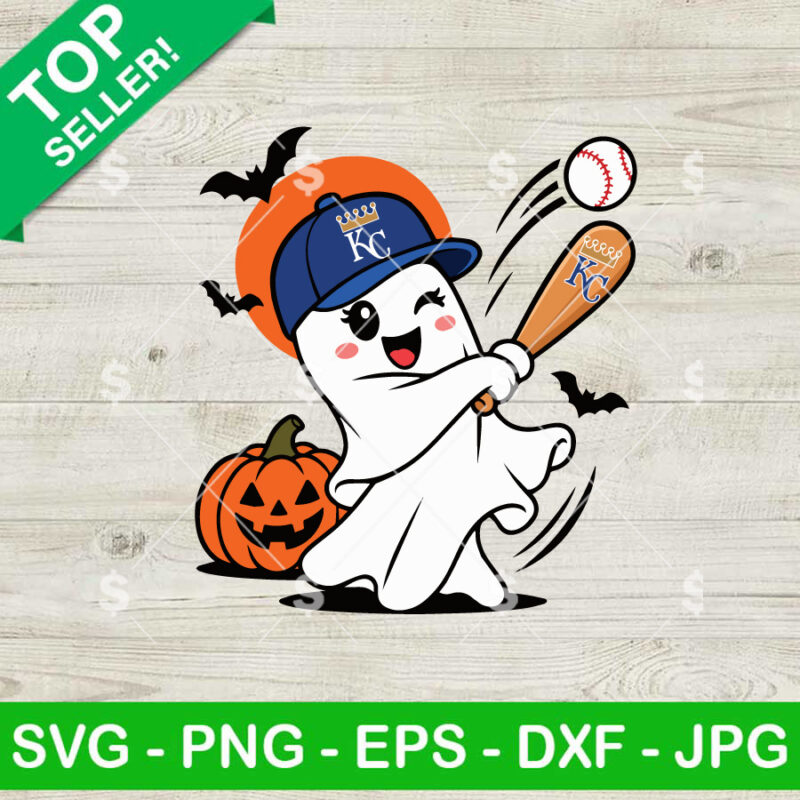 Kansas City Royals SVG Halloween ghost baseball design with KC bat and pumpkin