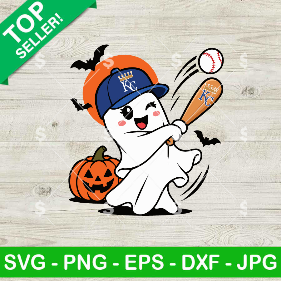 Kansas City Royals SVG Halloween ghost baseball design with KC bat and pumpkin