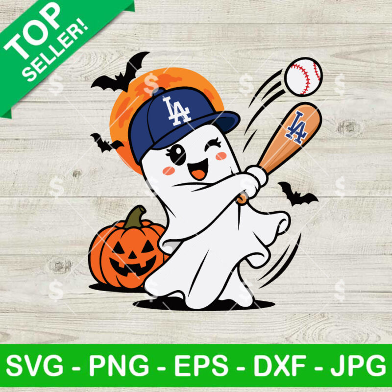 Los Angeles Dodgers Halloween SVG baseball ghost swinging bat with pumpkin