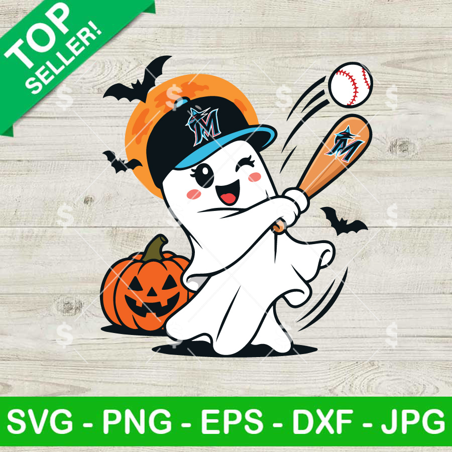 Miami Marlins Halloween SVG baseball ghost swinging bat with pumpkin
