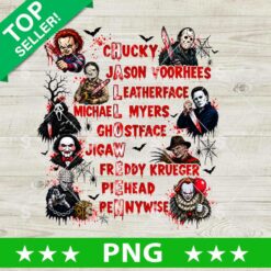 Halloween Horror Characters PNG with Chucky, Jason Voorhees, Michael Myers, Ghostface and other horror icons integrated into HALLOWEEN lettering
