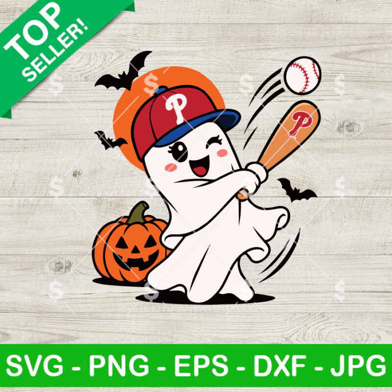 Philadelphia Phillies Halloween ghost baseball SVG with pumpkin, bats and baseball bat