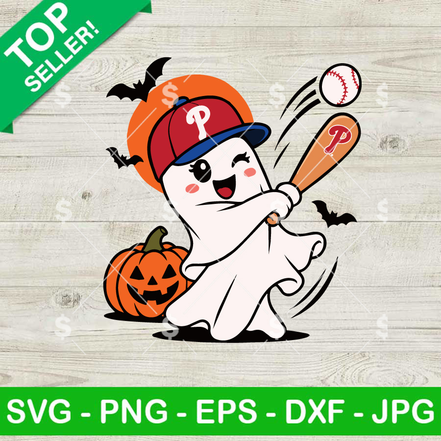 Philadelphia Phillies Halloween ghost baseball SVG with pumpkin, bats and baseball bat