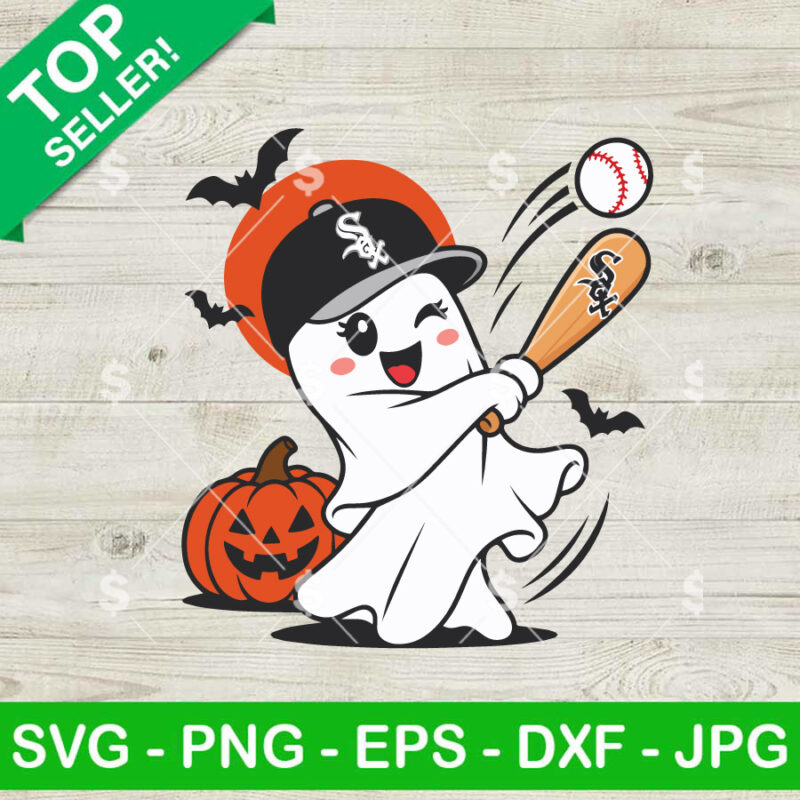 Chicago White Sox Halloween SVG with ghost baseball player, bat and pumpkin