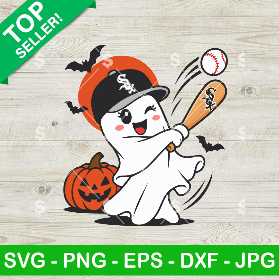 Chicago White Sox Halloween SVG with ghost baseball player, bat and pumpkin