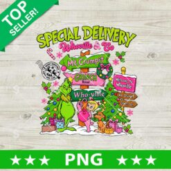 Grinch Special Delivery Christmas PNG with Whoville signs and Christmas trees