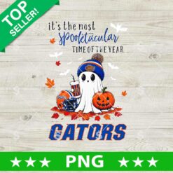 Florida Gators Halloween PNG featuring a cute ghost in a Gators hat holding a jack-o'-lantern with autumn leaves and spooky season lettering