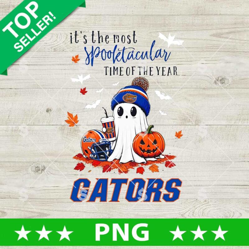 Florida Gators Halloween PNG featuring a cute ghost in a Gators hat holding a jack-o'-lantern with autumn leaves and spooky season lettering