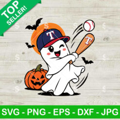 Texas Rangers Halloween SVG baseball ghost swinging bat with pumpkin
