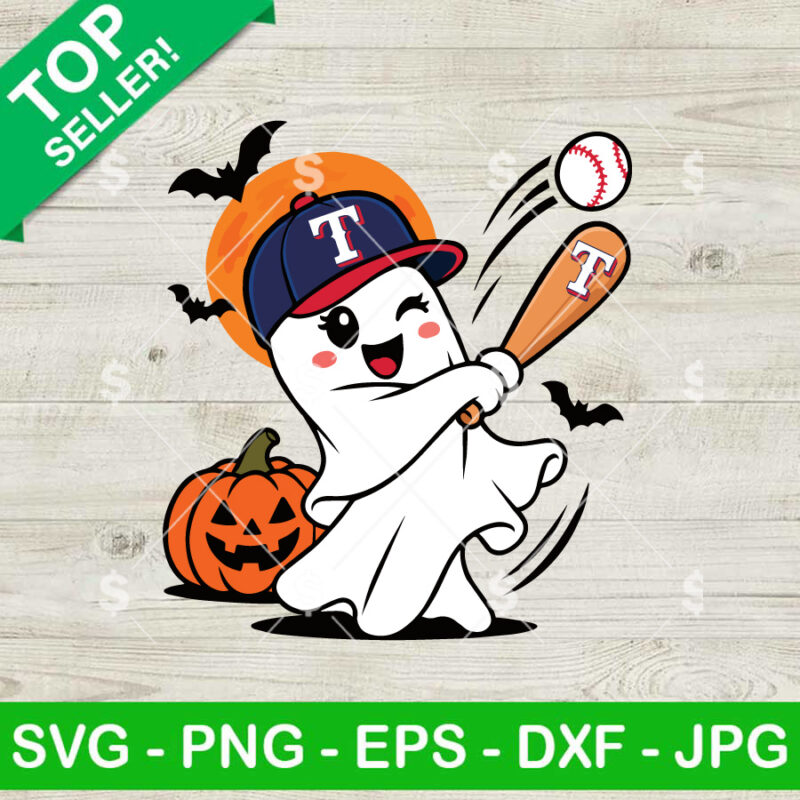 Texas Rangers Halloween SVG baseball ghost swinging bat with pumpkin