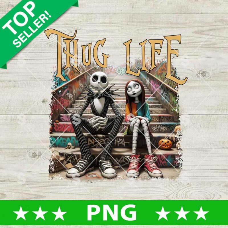 Thug Life Halloween PNG with gothic skeleton couple on graffiti stairs