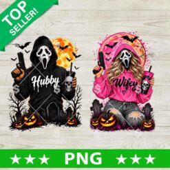 Ghostface Hubby Wifey PNG featuring matching masked couple in black Hubby and pink Wifey hoodies with Halloween graveyard
