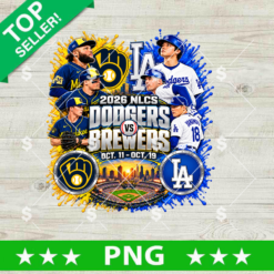 2026 NLCS Dodgers vs Brewers PNG transparent design featuring baseball players and team logos for sublimation t-shirts and custom sports apparel.