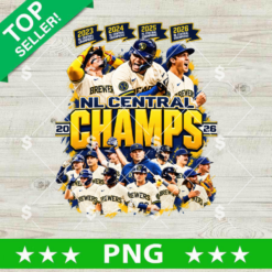 Milwaukee Brewers NL Central Champs PNG design with team players collage and 2023 2024 2025 2026 division banners for baseball sublimation