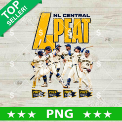 Brewers 4-Peat NL Central Champions PNG transparent design featuring Milwaukee baseball players and championship years 2023 2024 2025 2026 for sublimation t-shirts.