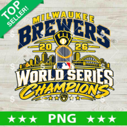 Milwaukee Brewers World Series Champions 2026 PNG sublimation design with city skyline and ball-in-glove logo for t-shirt printing.