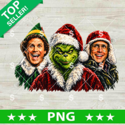 Funny Christmas Movie Characters PNG design featuring Buddy the Elf, The Grinch, and Clark Griswold in Santa hats for holiday sublimation