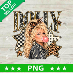 Dolly Parton Blowing Bubble Gum PNG country music sublimation design with leopard headband denim jacket and stars for t-shirt printing.