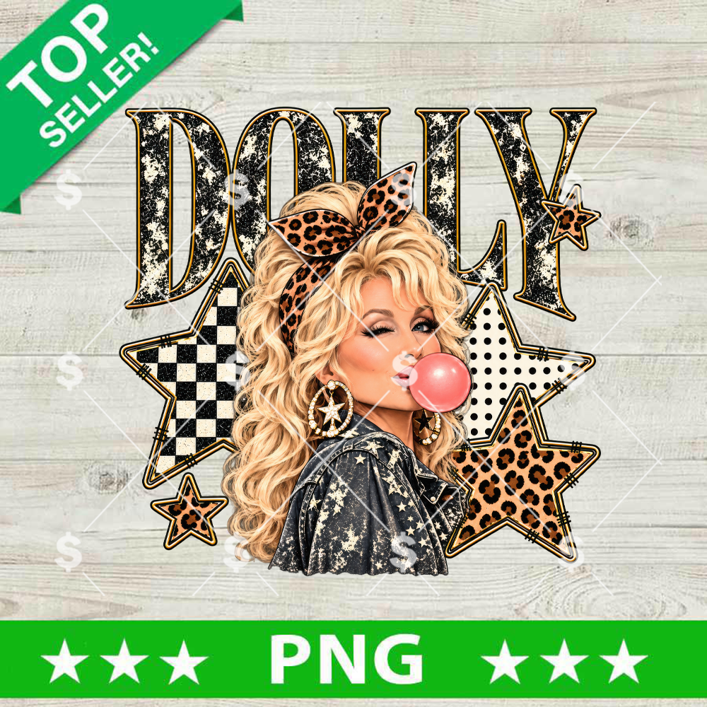 Dolly Parton Blowing Bubble Gum PNG country music sublimation design with leopard headband denim jacket and stars for t-shirt printing.