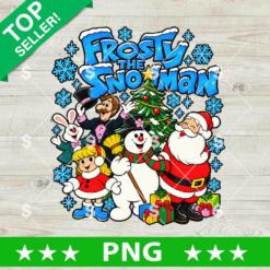 Frosty The Snowman PNG design featuring Frosty, Santa Claus, holiday characters, decorated Christmas tree, and blue snowflakes for winter sublimation