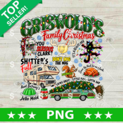 Griswold Family Christmas PNG design featuring iconic movie quotes, station wagon with Christmas tree, RV, moose mug, and holiday elements for Christmas sublimation