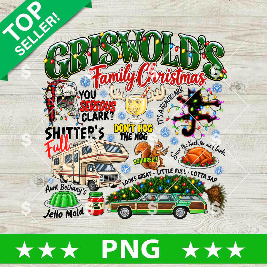 Griswold Family Christmas PNG design featuring iconic movie quotes, station wagon with Christmas tree, RV, moose mug, and holiday elements for Christmas sublimation