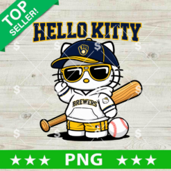 Hello Kitty Brewers PNG cool design with sunglasses baseball bat and Milwaukee Brewers hat for t-shirt printing.