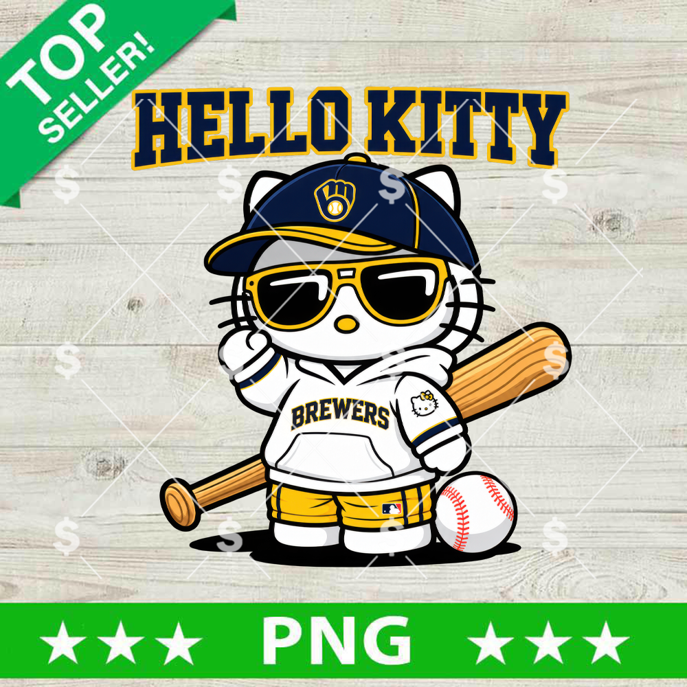 Hello Kitty Brewers PNG cool design with sunglasses baseball bat and Milwaukee Brewers hat for t-shirt printing.