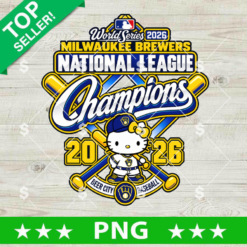 Hello Kitty Milwaukee Brewers National League Champions PNG cute baseball design with crossed bats and 2026 World Series logo for sublimation