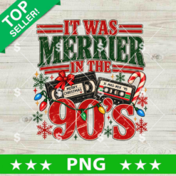 It Was Merrier In The 90s PNG retro Christmas sublimation design with VHS tape cassette and holiday lights for t-shirt printing.