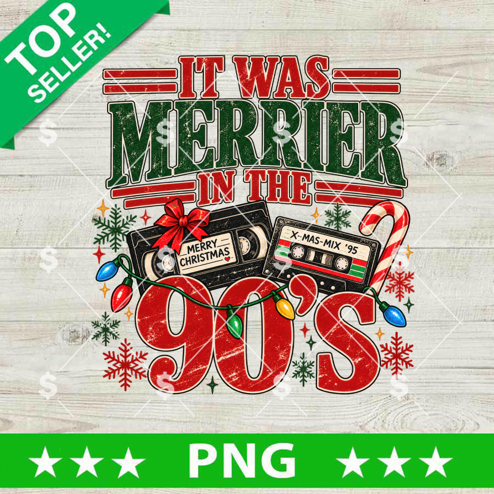 It Was Merrier In The 90s PNG retro Christmas sublimation design with VHS tape cassette and holiday lights for t-shirt printing.