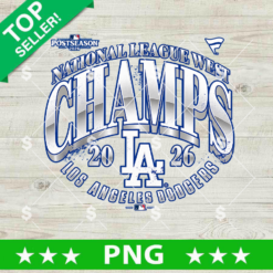 LA Dodgers National League West Champs 2026 PNG transparent design featuring metallic silver and blue typography and official team logo for sublimation t-shirts.